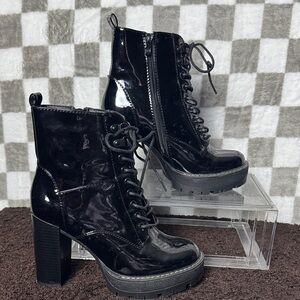 Patent leather Black Lace-Up Ankle heel Boots